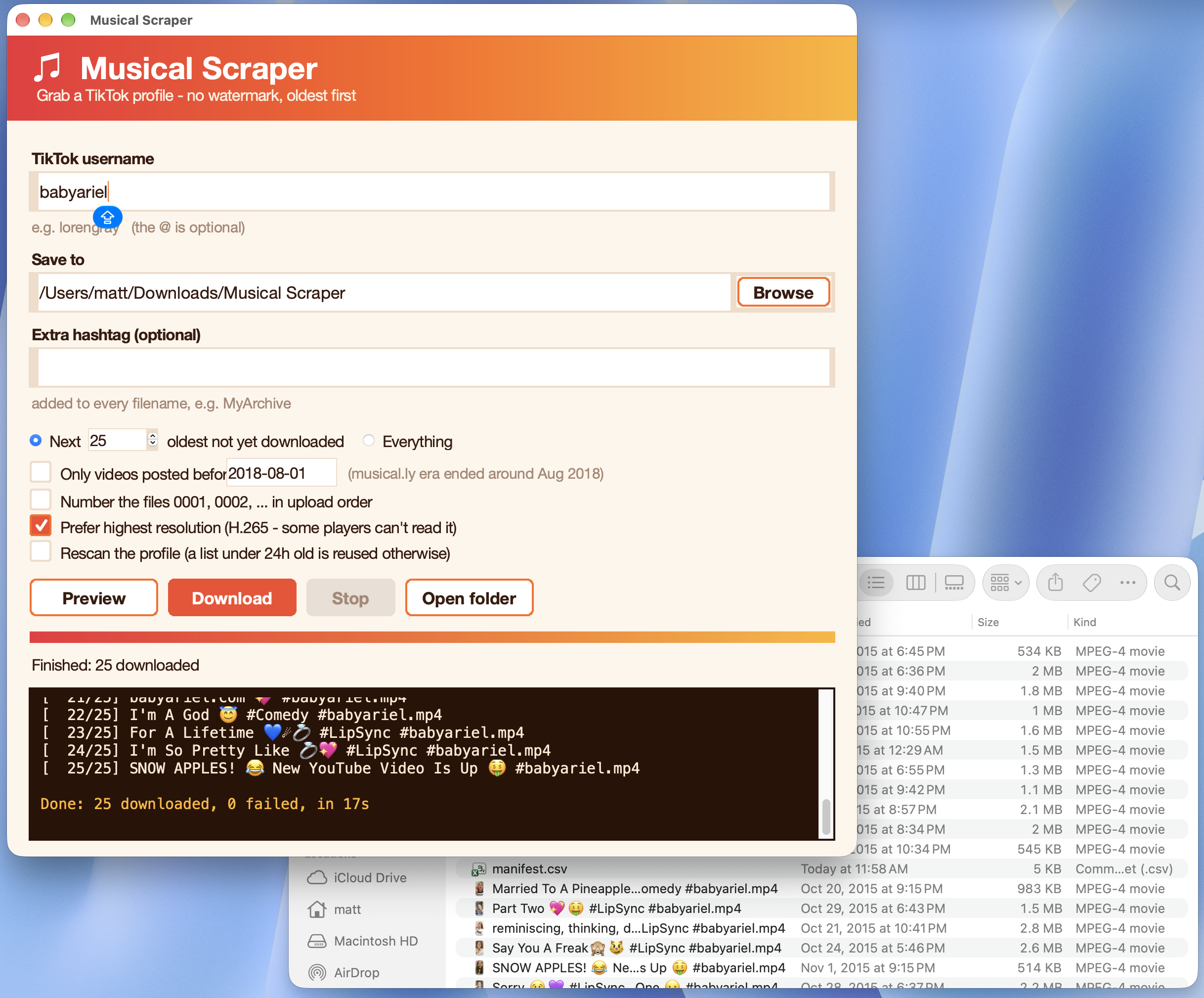 Musical Scraper after a completed download batch, with the saved video folder visible behind it