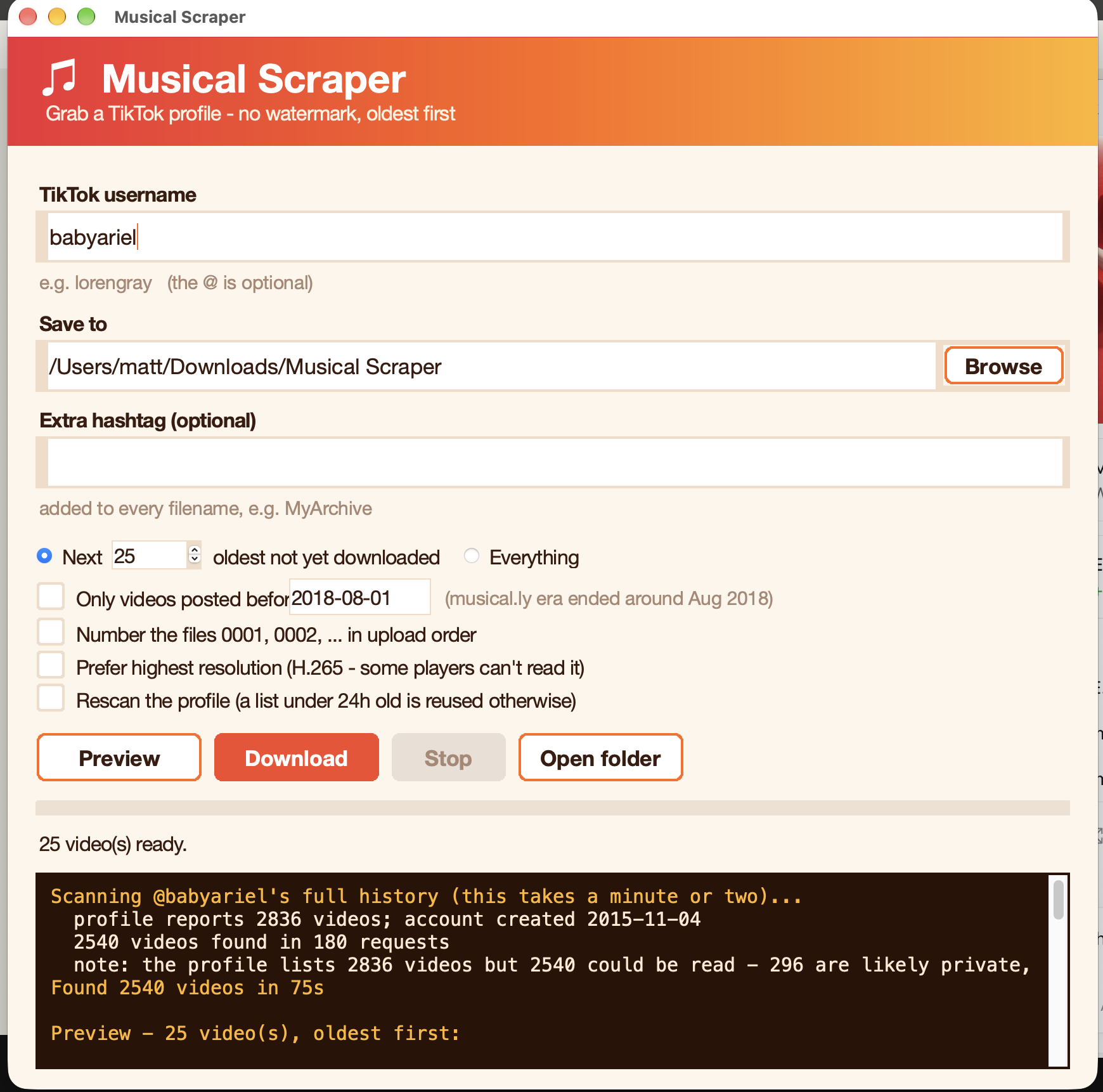 Musical Scraper showing profile setup, archive options, and a scan preview